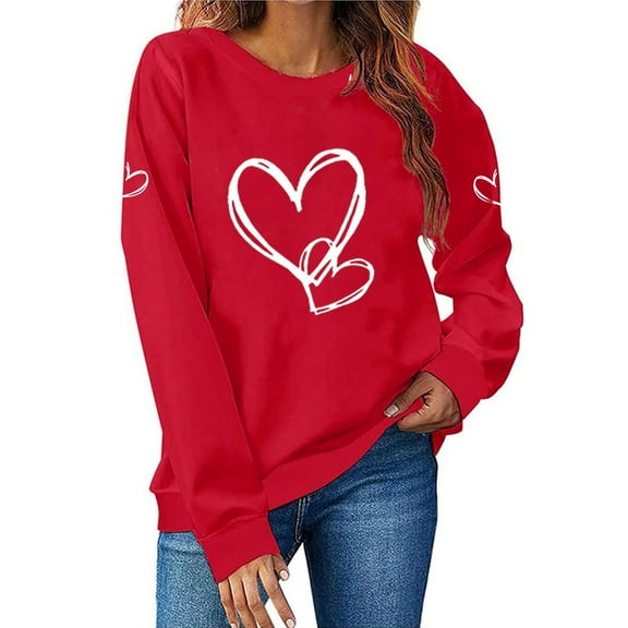 SYMOID Womens Red Heart Print Crewneck Sweatshirt - 100% Polyester Relaxed Fit Long Sleeve with LOVE Lettering Valentine's Day Casual Romantic Top,Size S