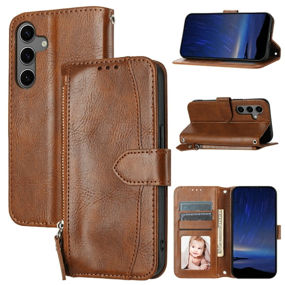 Dteck Flip Case for Samsung Galaxy S25 Plus, Shockproof PU Leather Wallet Pocket Card Holder Magnetic Closure Anti Scratch Kickstand Cover with Crossbody Shoulder Strap, Brown