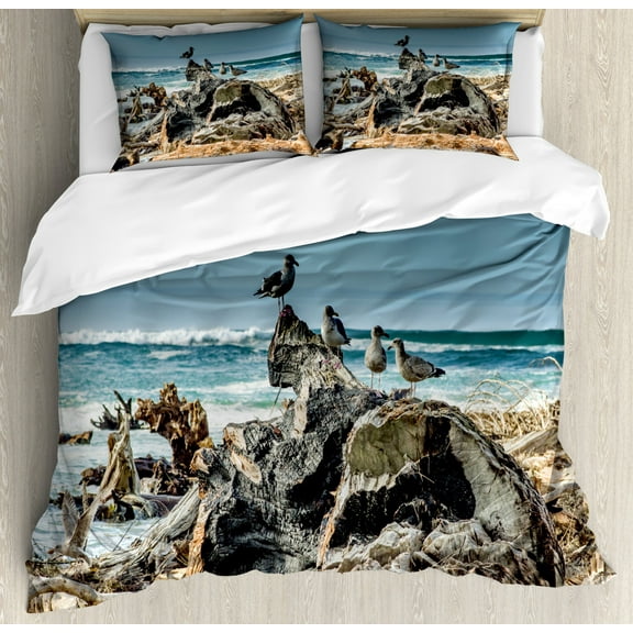 Driftwood Decor King Size Duvet Cover Set, A Raft of Driftwood on the Shore Seagulls Wavy Sea and the Sky Digital Image, Decorative 3 Piece Bedding Set with 2 Pillow Shams, Blue, by Ambesonne