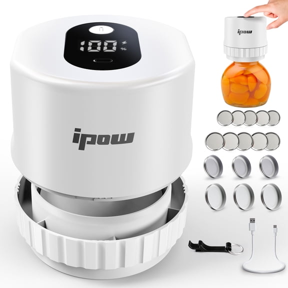 IPOW Electric Mason Jar Vacuum Sealer Kit for Wide Mouth & Regular Mouth Mason Jars with Lids, Covers for Food Storage - White