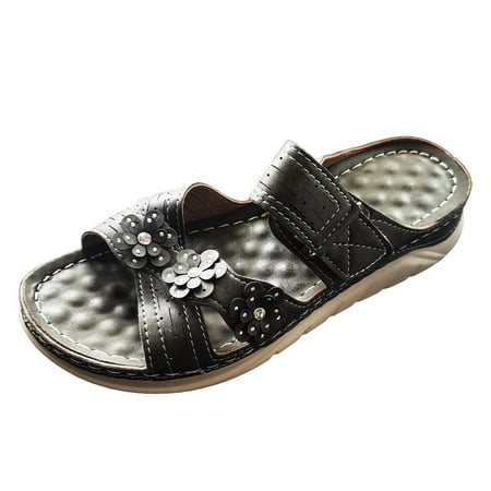 

Sandals Women Flowers Slope Heel Breathable Open Toe Shoes Pu Black 37