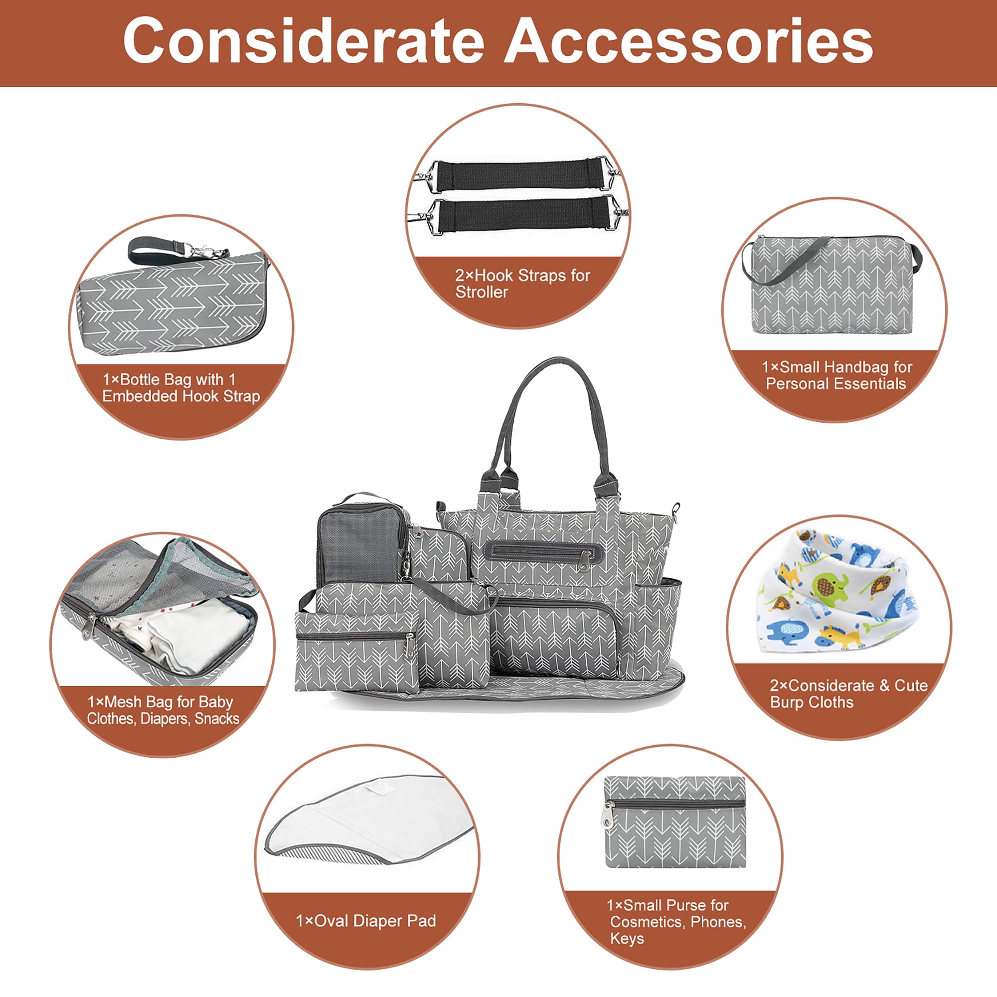 iMounTEK 8PCS Diaper Bag Tote Set, Baby Bags for Mom, Dark Grey