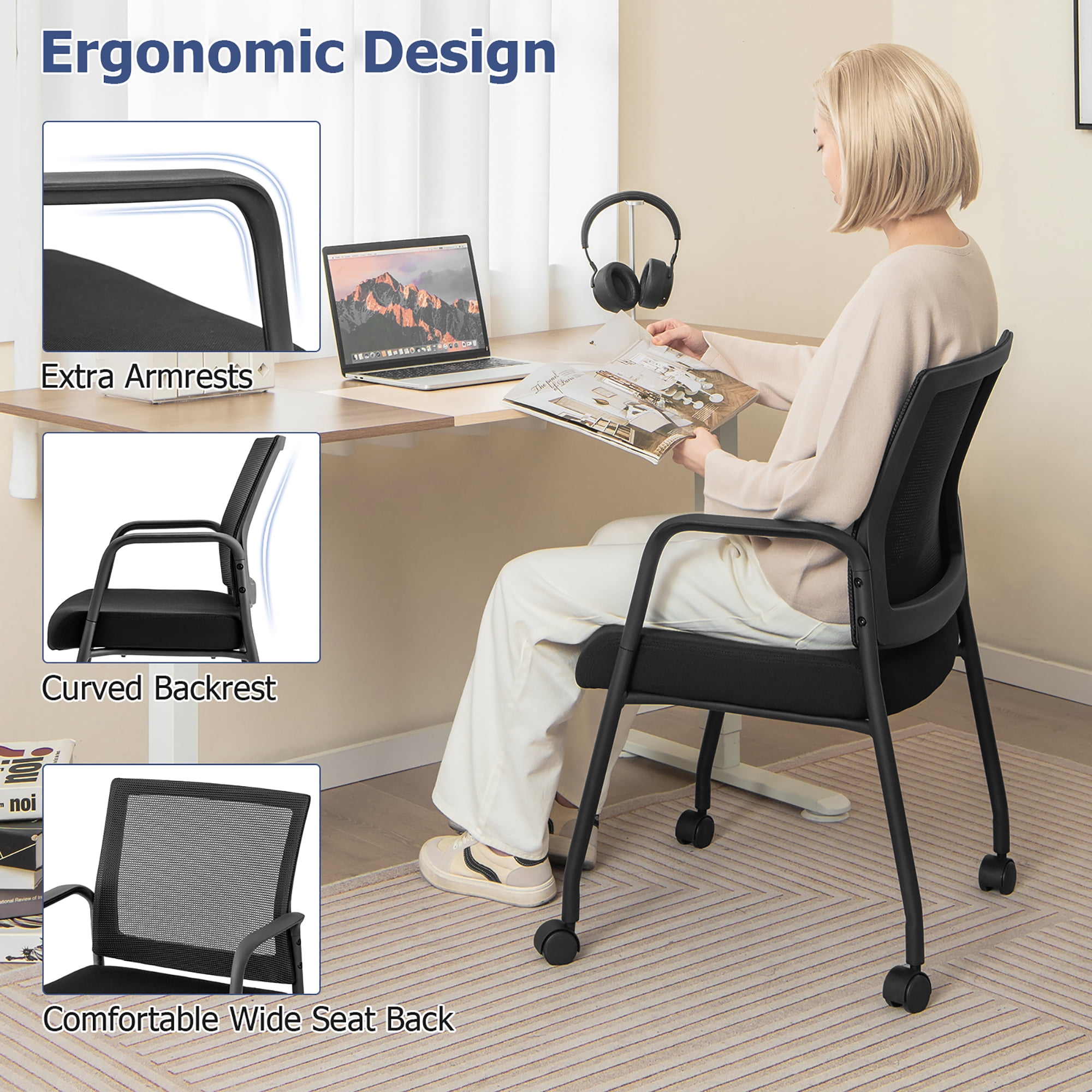 Gymax 2 Pcs Office Guest Chairs on Wheels w/ Metal Frame & Armrests Mesh Back Office
