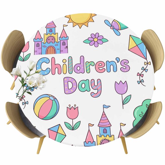 Children's Day Round Tablecloth 36-44 Inch Round Fitted Table Cloth with Elastic Edge, Airplanes Sailing Boats Tree Cartoon School Waterproof Table Cover Protector for Outdoor Picnic Party Dining