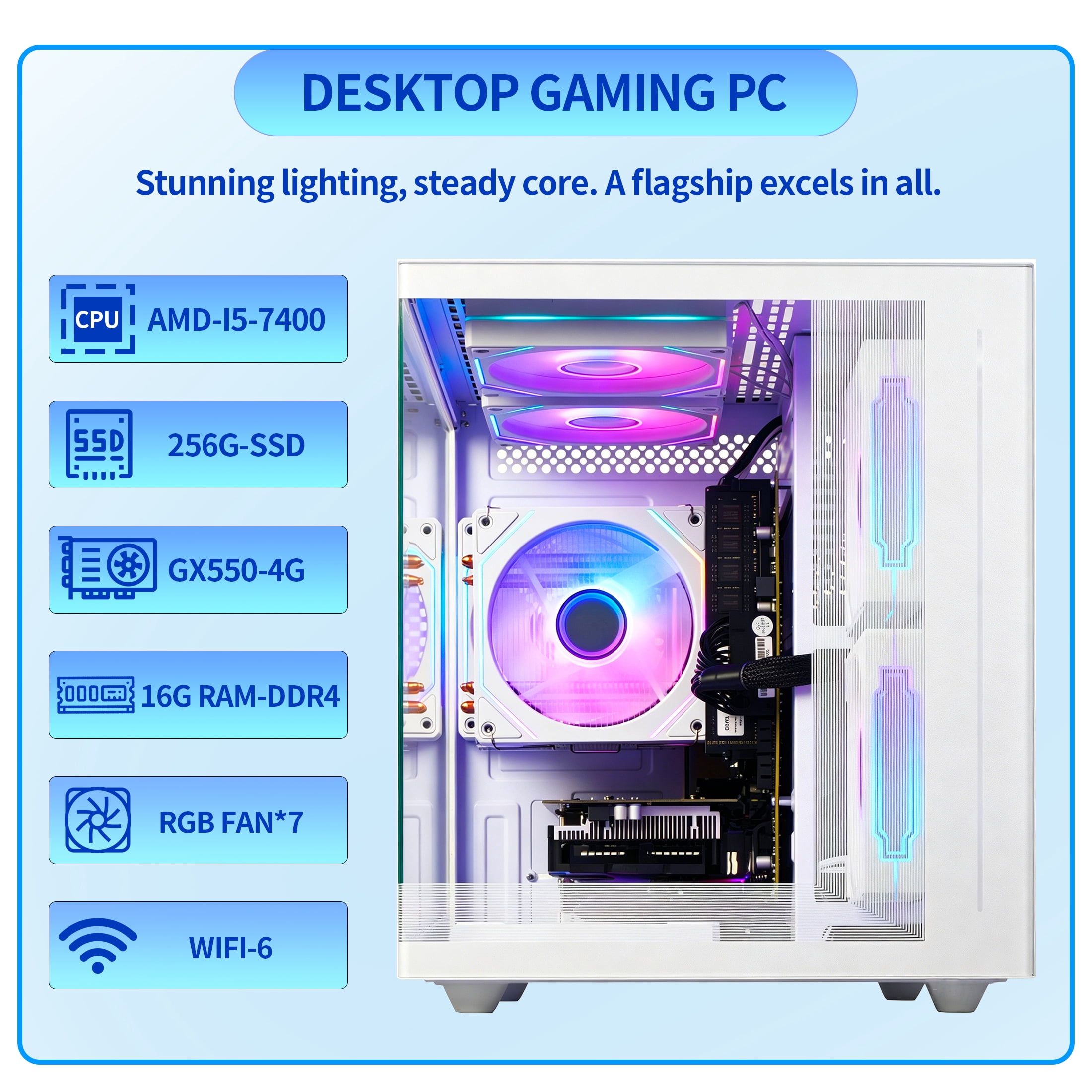 Qehi White Gaming PC Desktop, Core i5, AMD RX 550 4GB Graphics, 16GB Ram, 256GB Nvme Gen 3 SSD, RGB Lighting Tower
