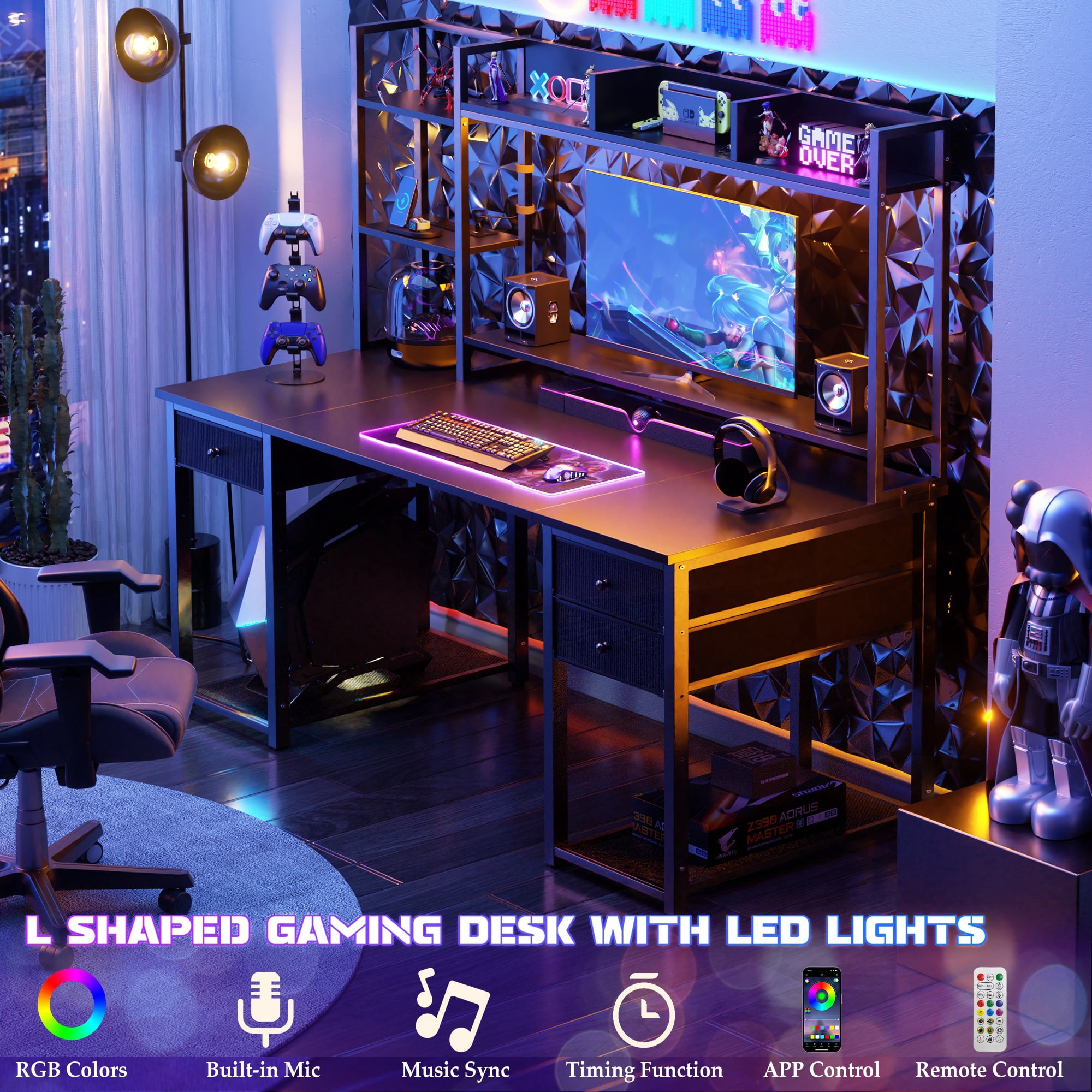 iSunirm Desk with LED Light and Power Outlet, 47.2'' Gaming Desk with Hutch, Reversible Computer Desk with Drawers, and Storage Bookshelf, Large Workstation Desk, for Home & Office, Black