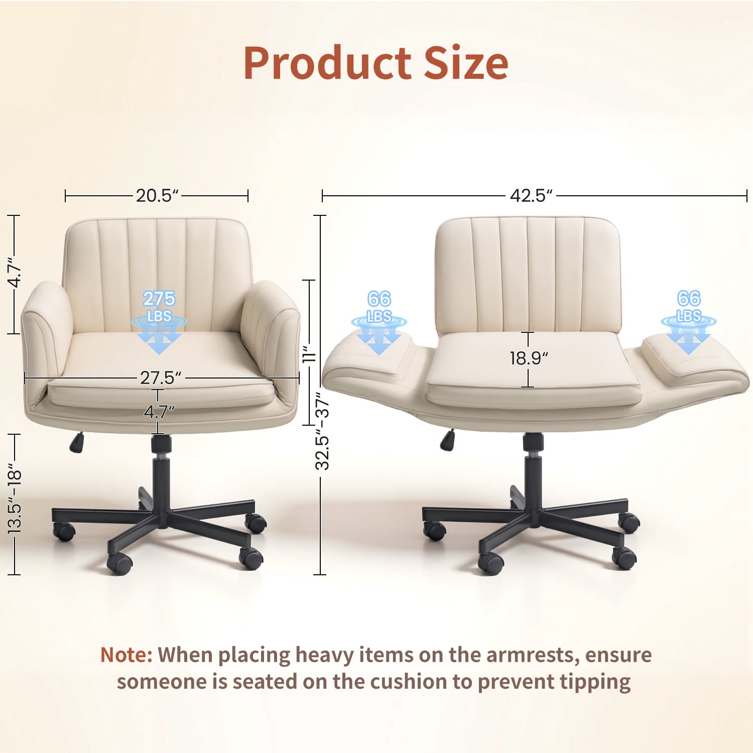 BOSSIN Biege Criss Cross Chair with Armrests & Wheels,Foldable Armrest PU Leather Vanity Chair – Thickened Swivel Office Desk Chair for Home, Makeup Room & Bedroom