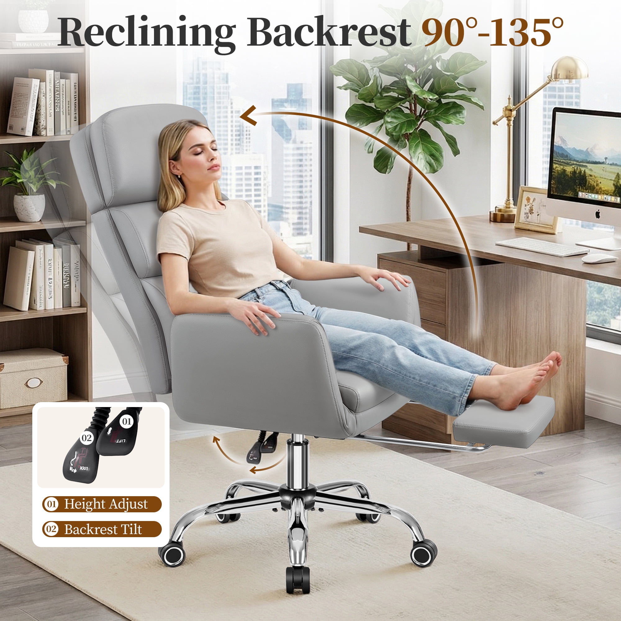 COOLHUT Big and Tall Office Chair 500LBS, Wide Seat Executive Office Desk Chair with Adjuatable Armrests and Headrest, PU Leather Hight Back Computer Chair with Footrest and Lumbar Suppor, Light Gray
