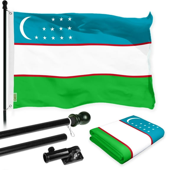 G128 Combo Pack: 6 Ft Tangle Free Spinning Flagpole (Black) & Uzbekistan Flag 3x5 Ft Printed 150D Polyester, Brass Grommets (Flag Included) Aluminum Flag Pole