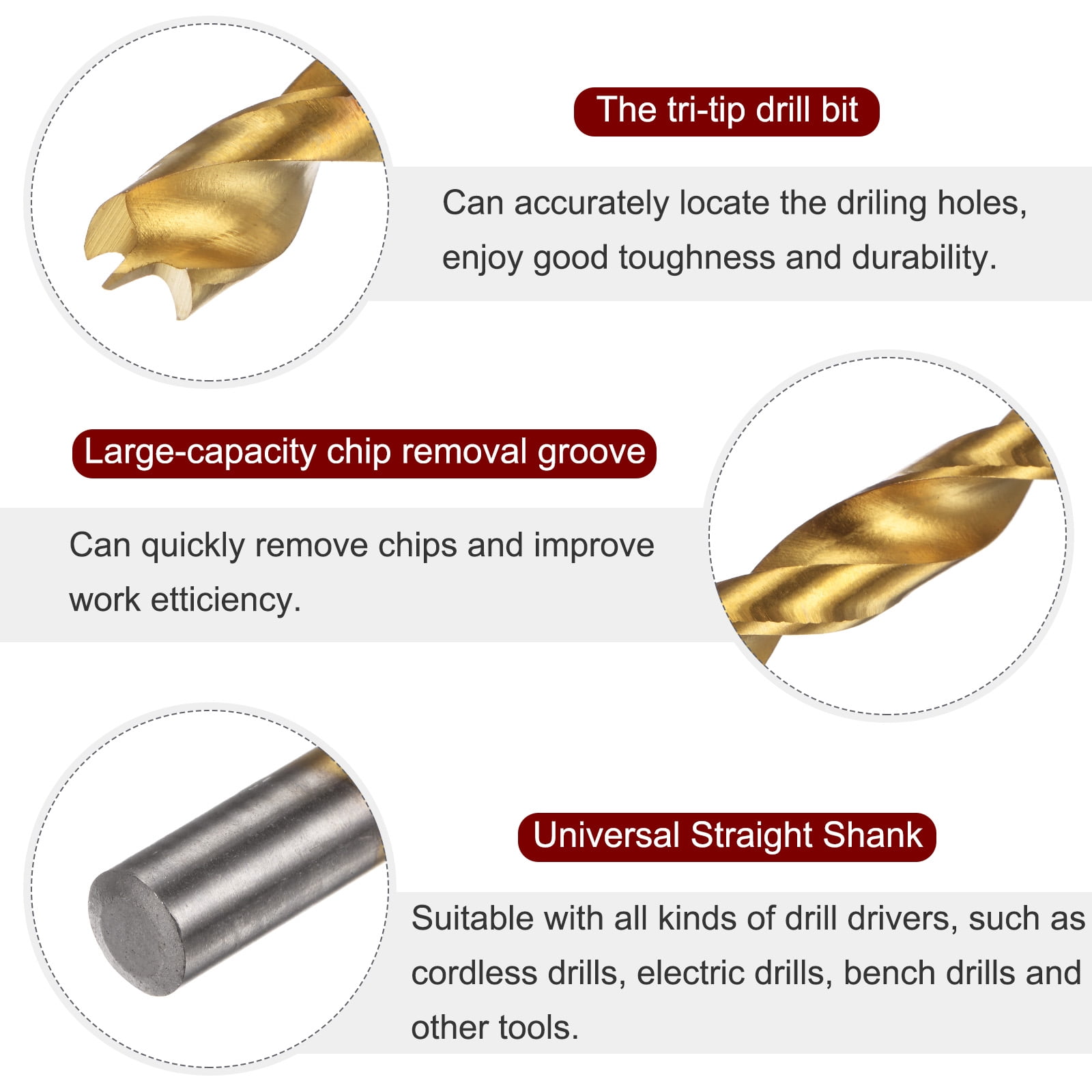 Uxcell Brad Point Drill Bit Set 1.5mm-10.5mm Dia HSS4241 Golden 19in1 Set