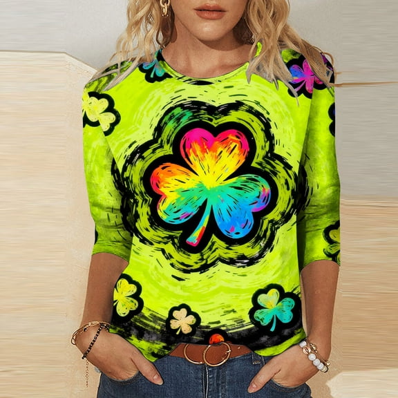3/4 Length Sleeve Womens Tops Oversized Crewneck St Patricks Day Print Short Sleeve T Shirts Summer Casual Round Neck Plus Size Irish Shamrocks Printed Loose Fits Comfy Soft Tee Shirt