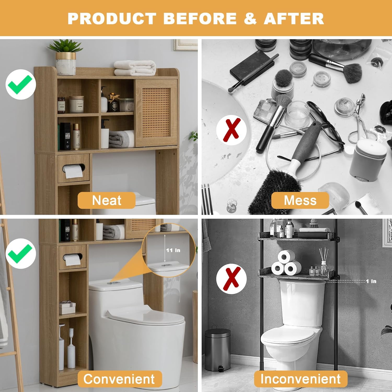 Reliancer 6-Tier Over The Toilet Storage Cabinet, Bathroom Space Saver Organizer Shelves with Sliding Door, Adjustable Shelves