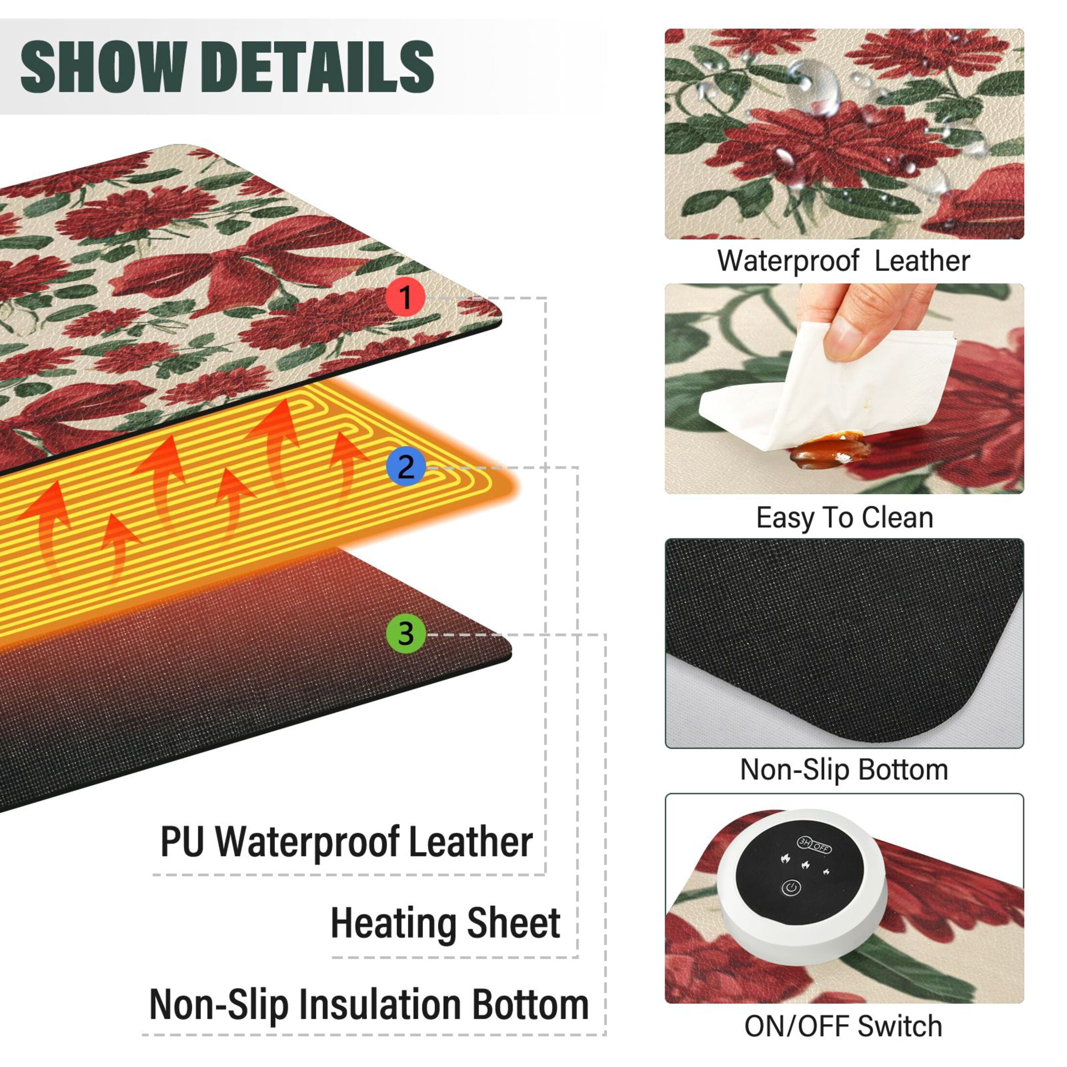 Large Heated Desk Mat Mouse Pad 31.5"x13"PU Leather Graphene Heating Desk Warmer with 3 Temperature Settings 110V US Plug Non-Slip Warm Pad for Home, Office, and Gaming Red Christmas Bows and Floral