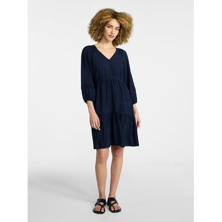Time and Tru Women's Tiered Mini Dress with ¾ Sleeves, Sizes XS-XXXL