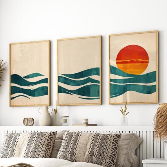 Luvia Vintage Abstract Waves Sun Set Of 3 Poster Or Print, Minimalist Ocean Sunset Wall Art, Mid-Century Modern Poster, Retro Summer Decor, Modern Wall Decor Set 3 Prints 8x12 UNFRAMED
