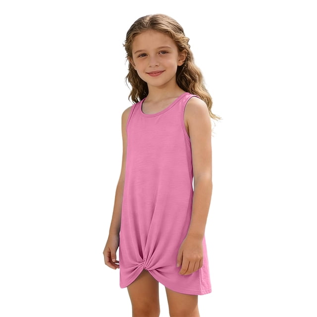 QUOTAY Robe Fluide Sans Manches à Volants pour Filles pour la Plage et les Jeux d'Été Décontractés avec Jupe-Robe Confortable Rose,150