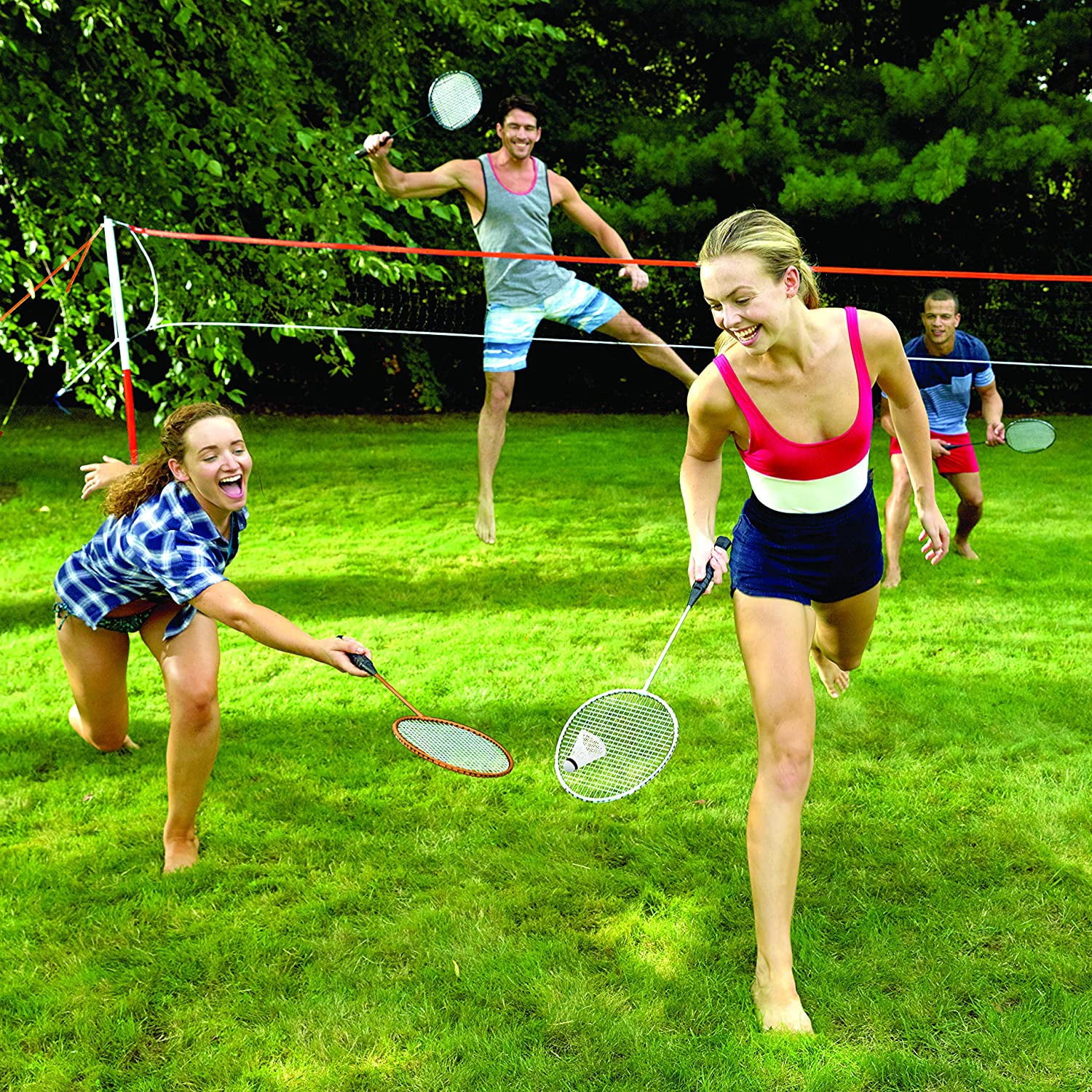 Badminton Net Sets - Outdoor Backyard + Beach Badminton Net + Equipment Set - (4) Rackets + (2) Birdies + Portable Net Included - Adults + Kids Set