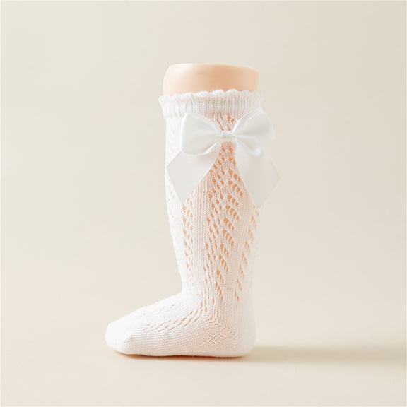 DAETIROS Soft Cotton Kids Bow Knee High Socks Lace Edge Breathable 100% Cotton for Newborn Photoshoot Props Christening Gift White 1 Pair,Size M