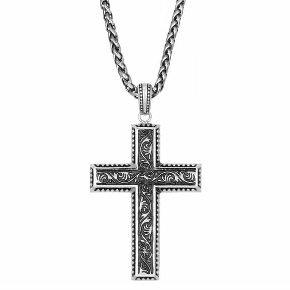 Stainless Steel Antique Cross Pendant Necklace For Men in 24 Inches Wheat Chain With Lobster Claw Closure