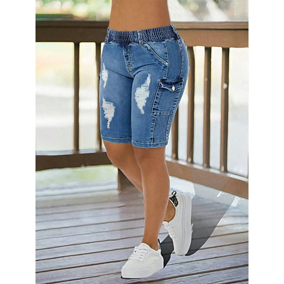 Women's Denim Shorts Distressed Cargo Ripped Elastic Waist Side Pocket Vintage Wash Shorts Jeans