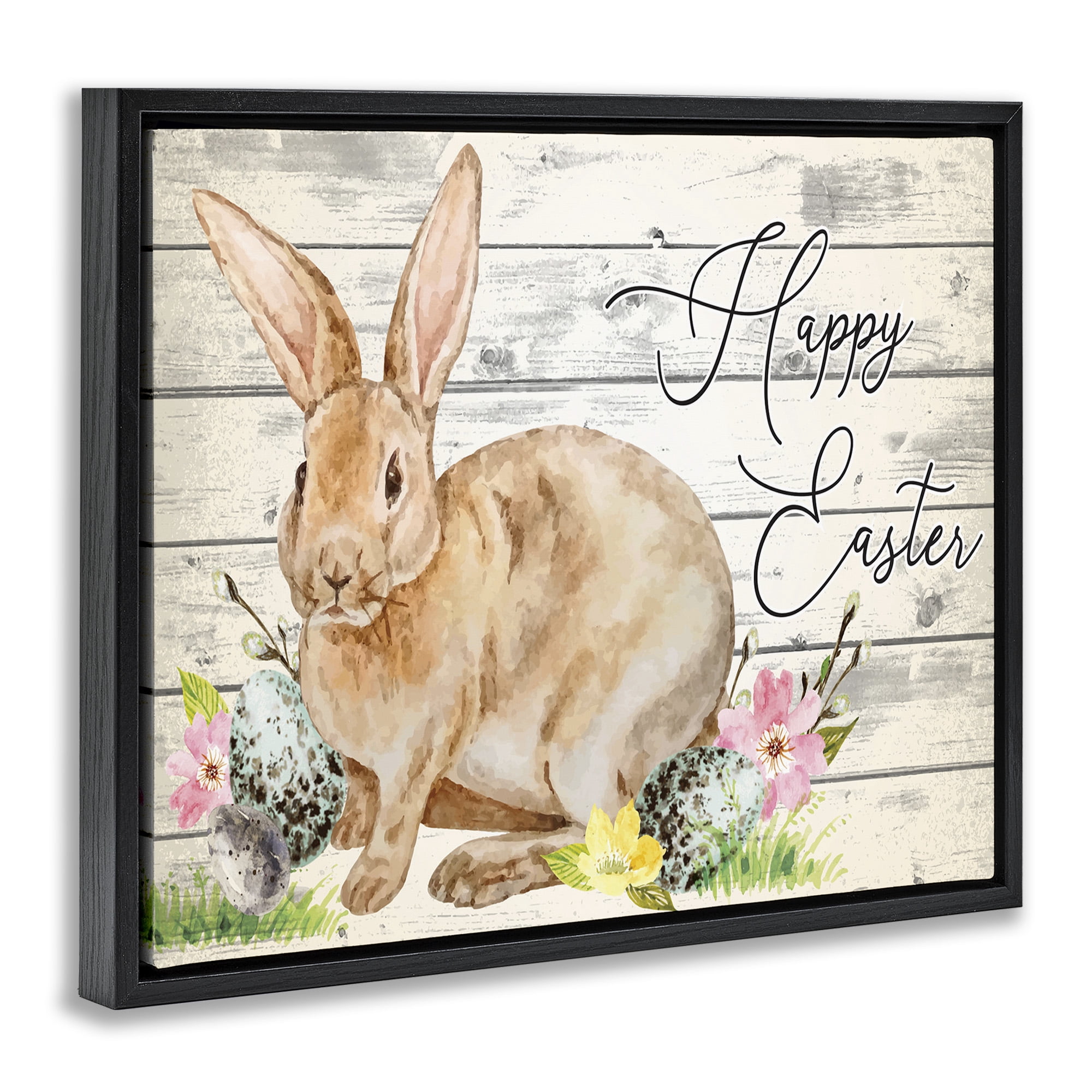Spring Floral Happy Easter Bunny Black Floating Frame Canvas Art, 21 x 17, By Nicole DeCamp