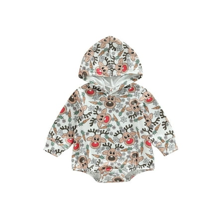 

Emmababy Baby Romper with Hood and Christmas Cartoon Pattern Print on Long Sleeves