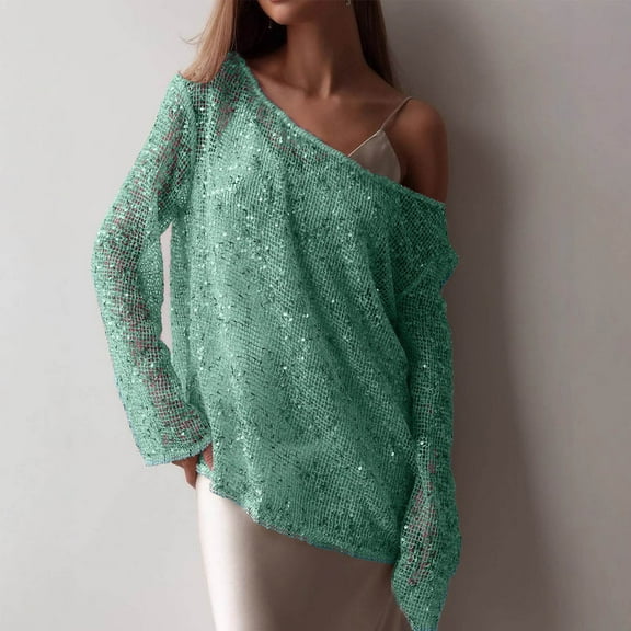 Uootdi Women Sexy Shiny Crochet Sheer Mesh See Through Pullover Tops Long Sleeve Hollow Gift Out Sequin Fishnet Knit Shirt for