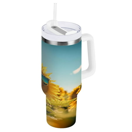 

Stainless Steel Tumbler with Straw and Handle Double Wall Insulated Tumblers Sunflowers Wear Sunglasses
