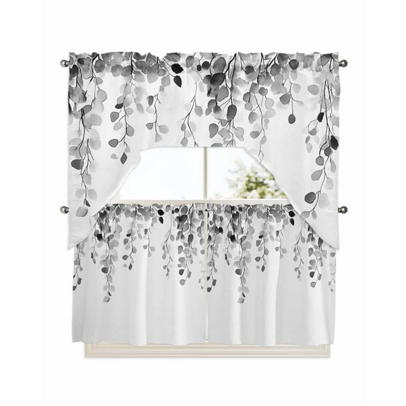 Grey Eucalyptus Leaves Kitchen Curtain and Valance Set 3 Pieces,Rod Pocket Short Tier Curtains 24 Inch Length,Weeping Spring Botanical Summer Swag Topper Small Window Treatment for Cafe Bathroom