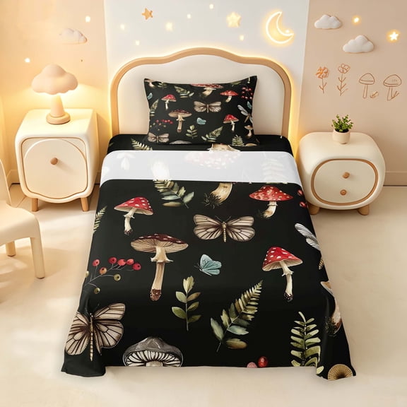 Homewish Boho Plant Mushrooms Twin Sheets,Floral Butterflies Dragonflies Bedding,3 Pieces,1 Flat Sheet,1 Fitted Sheet and 1 Pillowcase