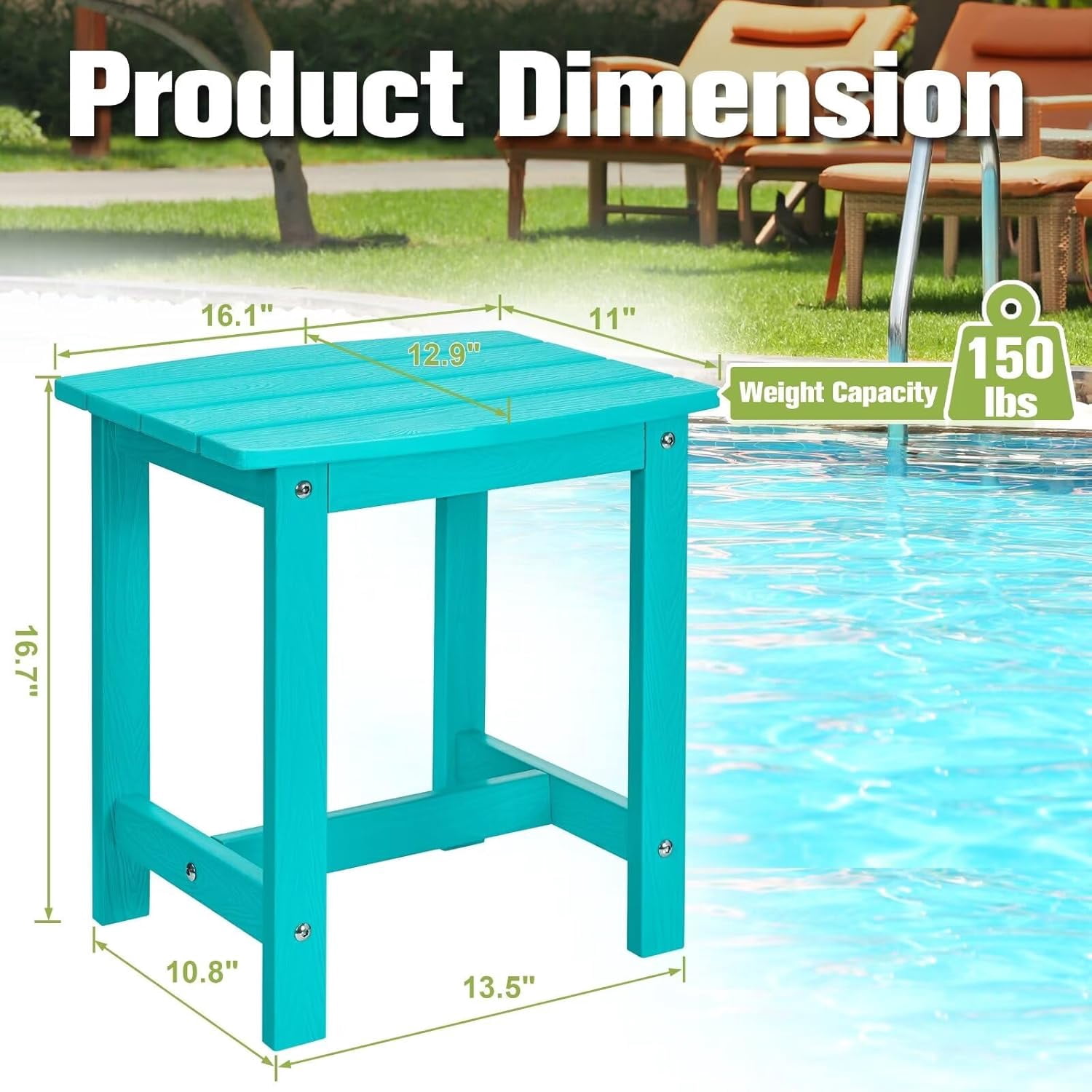 Y&M Outdoor Side Table, HDPE Patio End Table for Adirondack Chair, Weather Resistant Small Accent Table, Aruba Blue, Single Layer