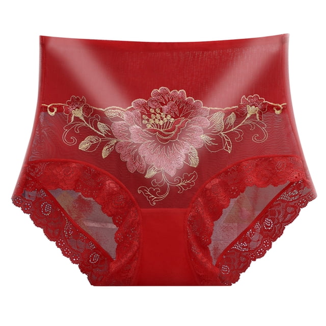Gibobby Panty Microfibra con Encaje Ropa interior elástica cintura para mujer, bragas suaves altas, bragas sexis encaje flores para mujer, Bikini bordado, bragas para mujer(Rojo, L)