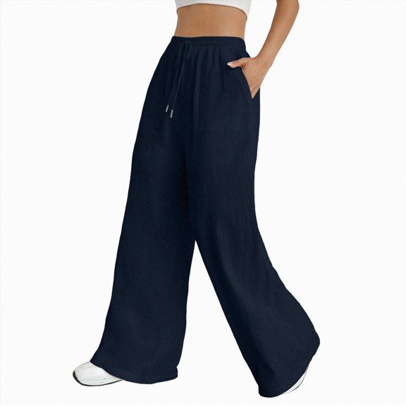 Gubotare Palazzo Pants for Women Womens Linen Wide Leg Pants Casual Loose Drawstring Summer Beach Travel Vacation Wide-Leg Pants with Pockets (Dark Blue,L)