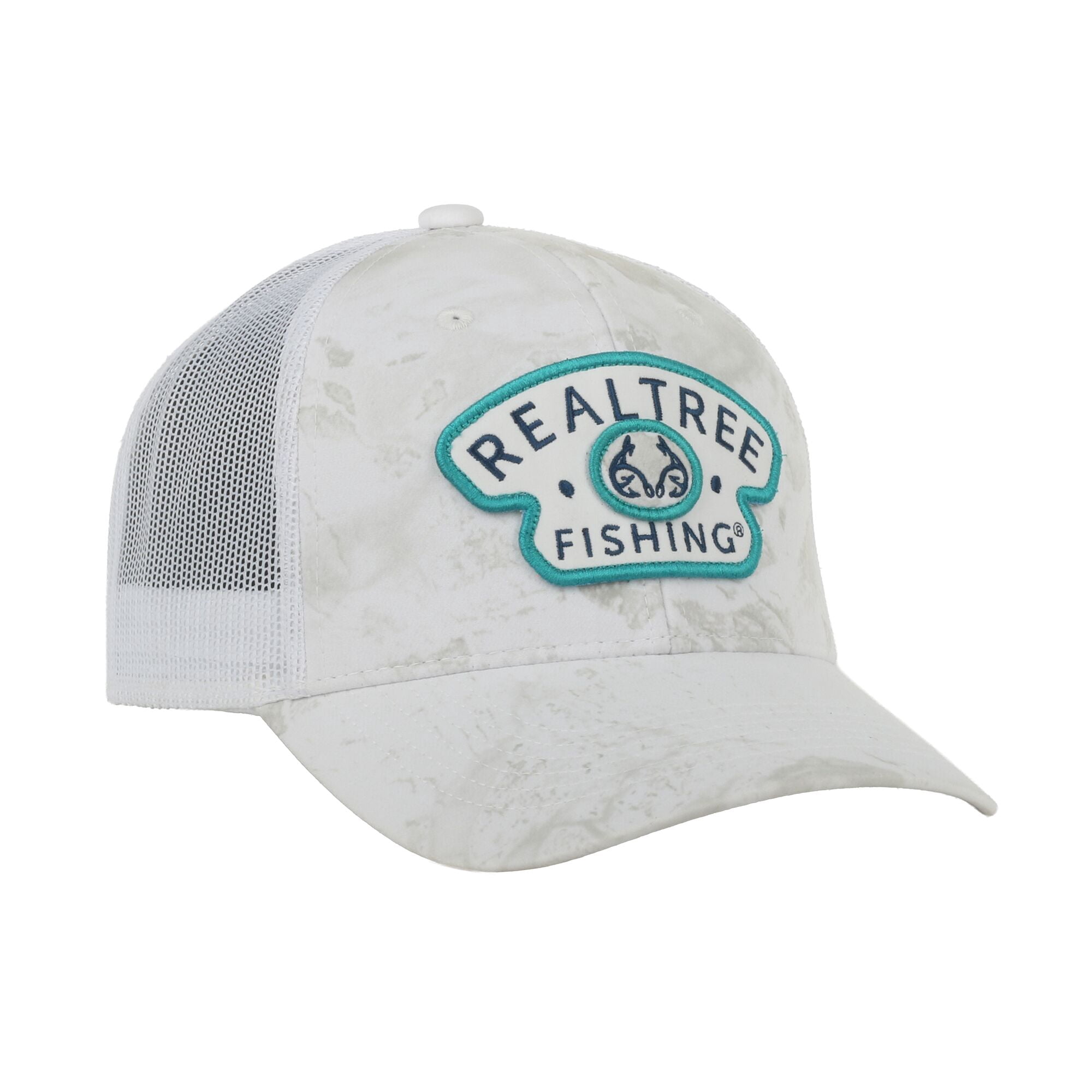 Realtree® Fishing WAV3 White Camo Patch Hat – Mid Profile Mesh Back Snapback, One Size