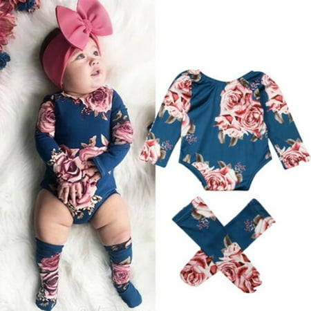 

Tregren 0-24M Infant Baby Girls Long Sleeve Romper Large Floral Jumpsuit Warm Leg Socks Outfit