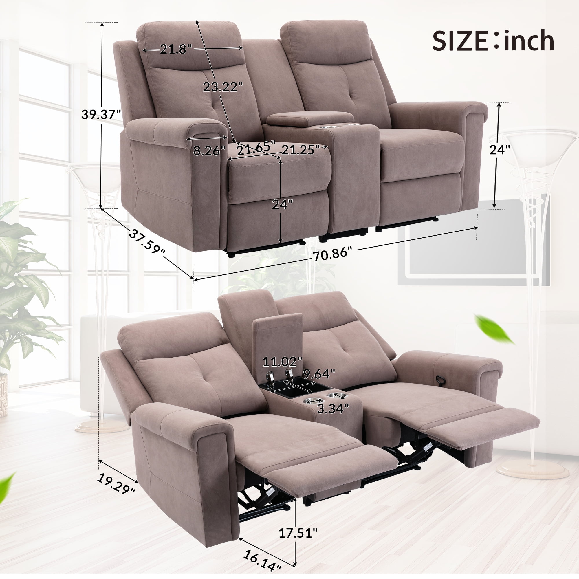Kepooman Polyester Fabric Manual Motion Loveseat with Storage Box & Two Cup Holders Kepooman Polyester Fabric Manual Motion Loveseat with Storage Box & Two Cup Holders