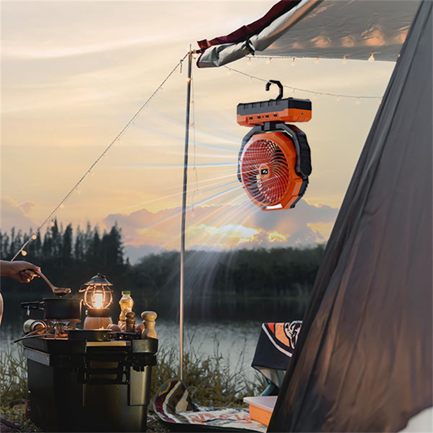 Portable 20000mAh Rechargeable Fan - 9-Inch Camping Fan with Light & Hook for Tent, USB Fan for Picnic, BBQ, Fishing, Travel, Jobsite Orange