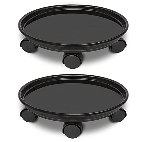 2 Pcs Movable Planter Dolly 14 Plant Caddies with Wheels,Black Plant Stand Heavy Duty Round Flower Pot Mover Garden Patio Rolling Plant Caddies 