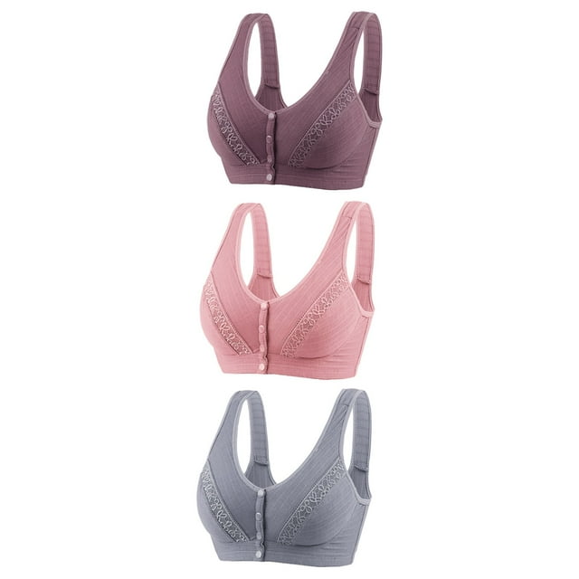 Timegard 3pc Bras for Women No Underwire High Support Front Closure Button Comfort Breathable Daily Bras