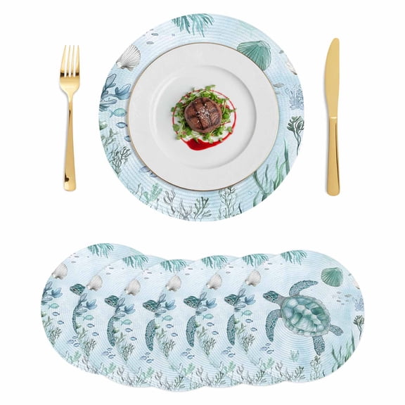 Coastal Turtle Round 15 Inch Placemats Set of 6, Beach Nautical Seashells Seaweed Coral HeatResistant Non Slip Place Mats for Dining Table, Wipeable Braided Kitchen Table Mats for Housewarming
