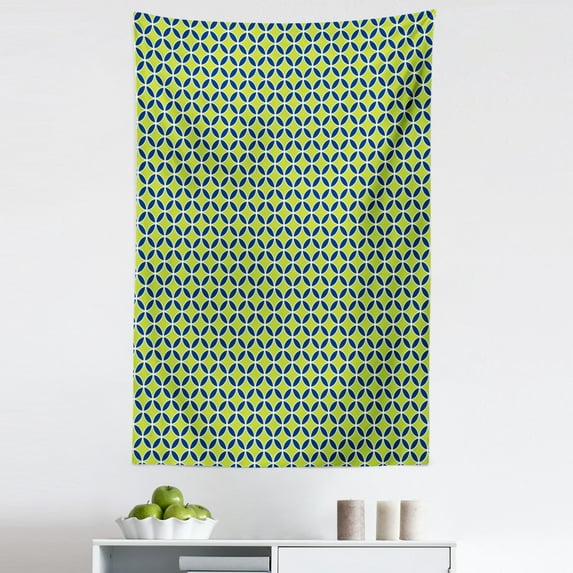 Circles Tapestry, Continuous Vintage Themed Geometric Mesh Pattern Grid Shapes Bicolour Art, Fabric Wall Hanging Decor for Bedroom Living Room Dorm, 5 Sizes, Indigo Apple Green, by Ambesonne