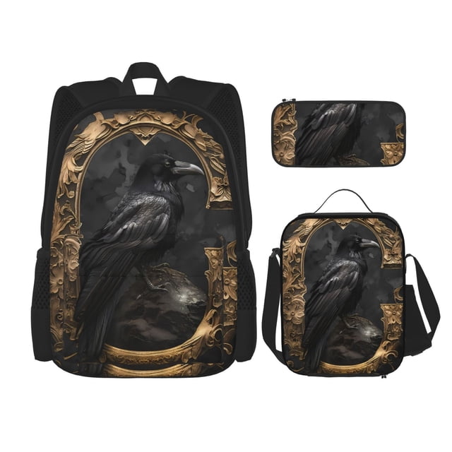 Vsdgher Gothic Raven Portrait Print Large Capacity Backpack Lunch Bag Pencil Case Combination 3 Piece Set for Student