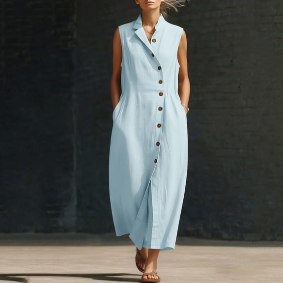 Shihyeh Linen Dresses for Women 2026 Casual Maxi Dress Lightweight Sleeveless Button Down Dresses V Neck Summer Beach Dresses