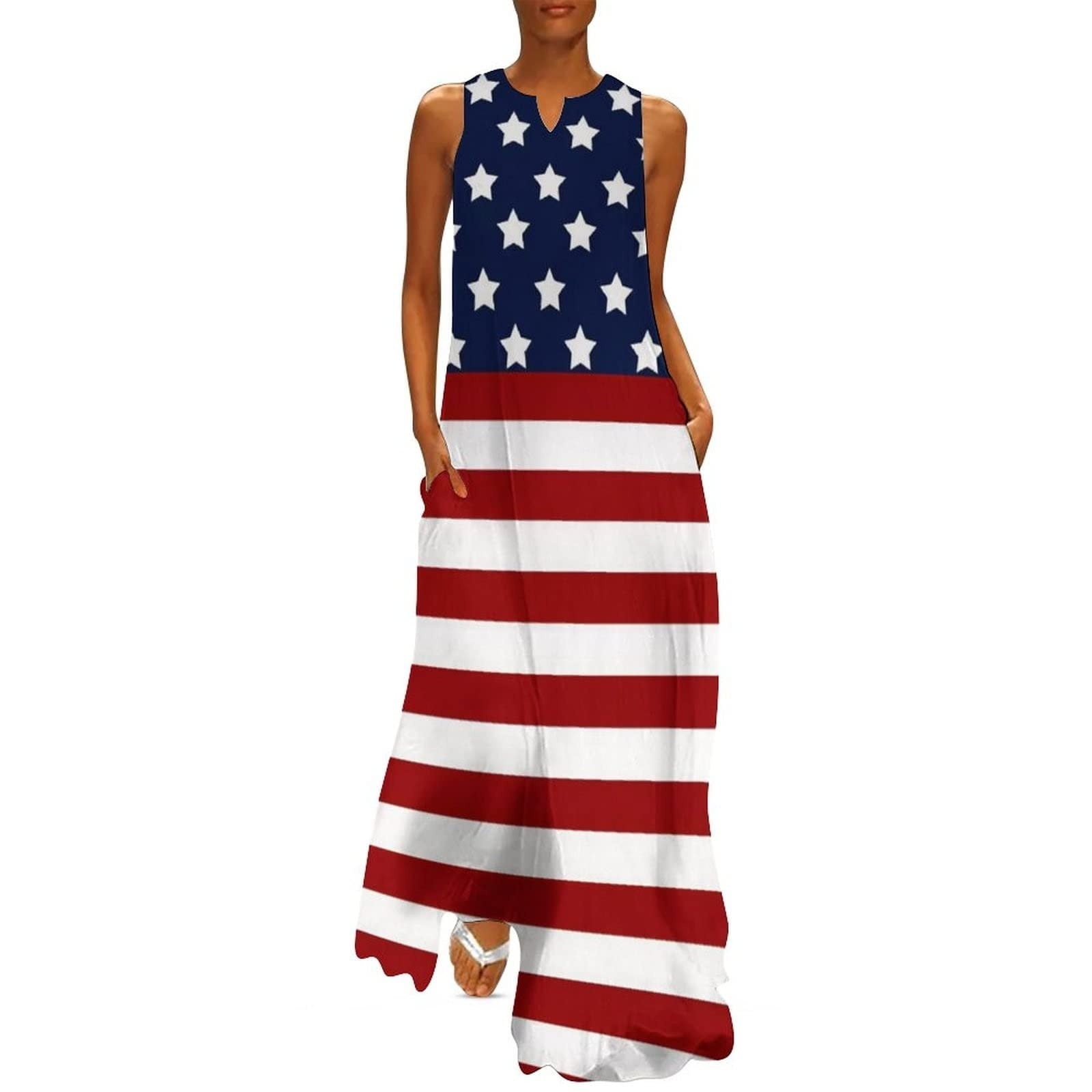 XMMSWDLA Maxi Dress for Women with Pockets Patriotic American Flag ...