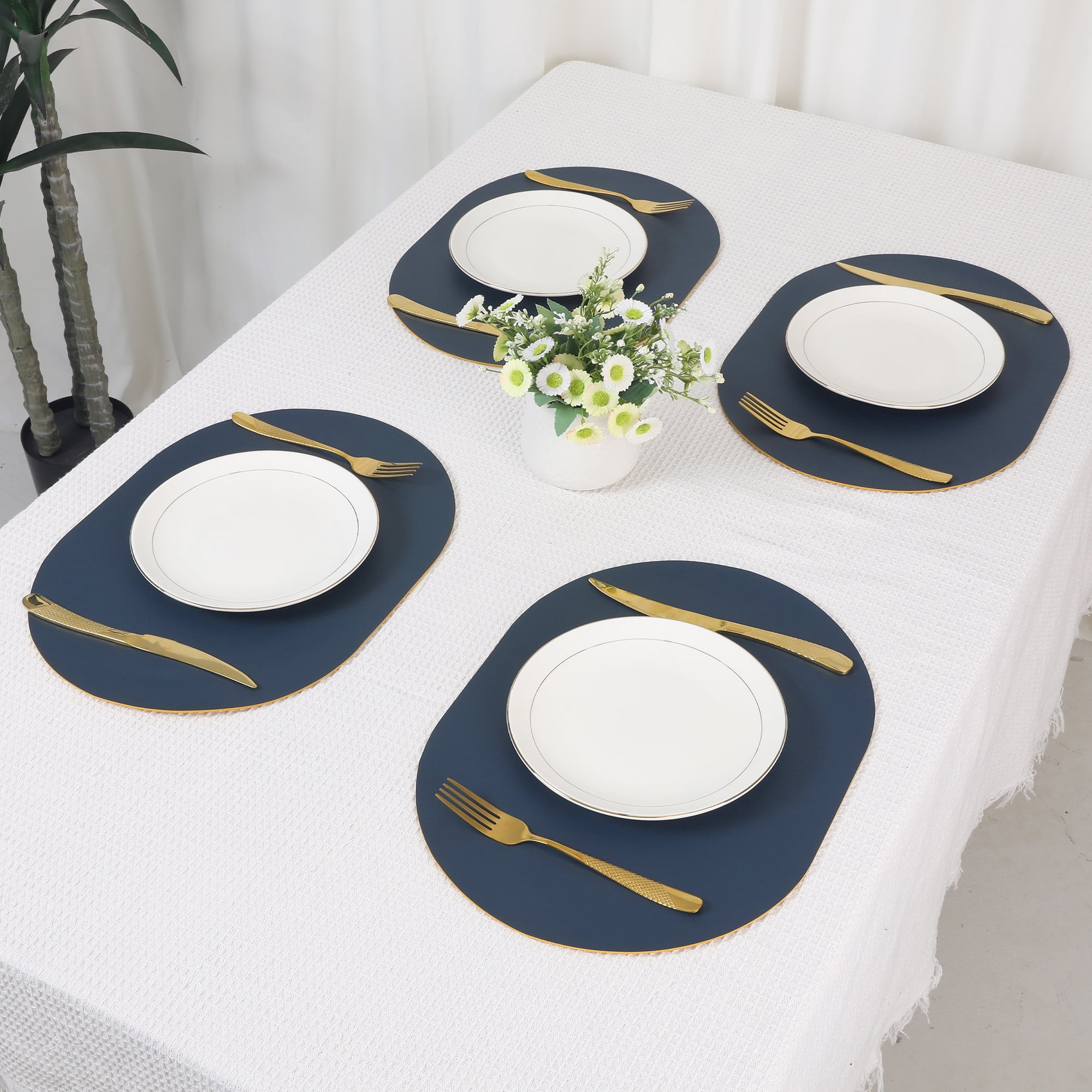 Unique Bargains Set of 6 Leather Table Placemats for Dining Table Decor Navy Blue Yellow