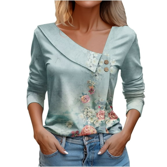 WREESH Womens Fashion Dressy Tops Side Button V-Neck Printed Long Sleeved Shirt T-Shirt Pullover Blue