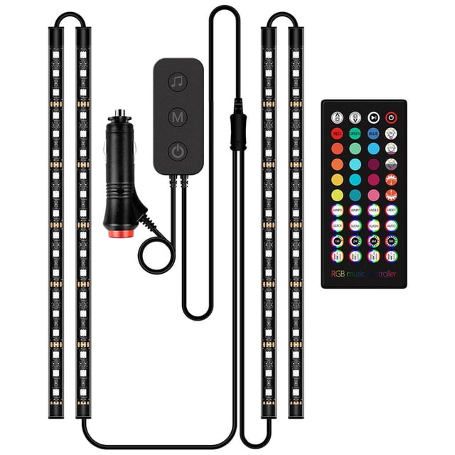 Luces LED interiores para coche 4 tiras Bluetooth RGB Control remoto de música 15 colores, lámpara de atmósfera, lámpara rativa apta para , - 32cm Encendedor 12V Sunnimix Luces interiores del coche