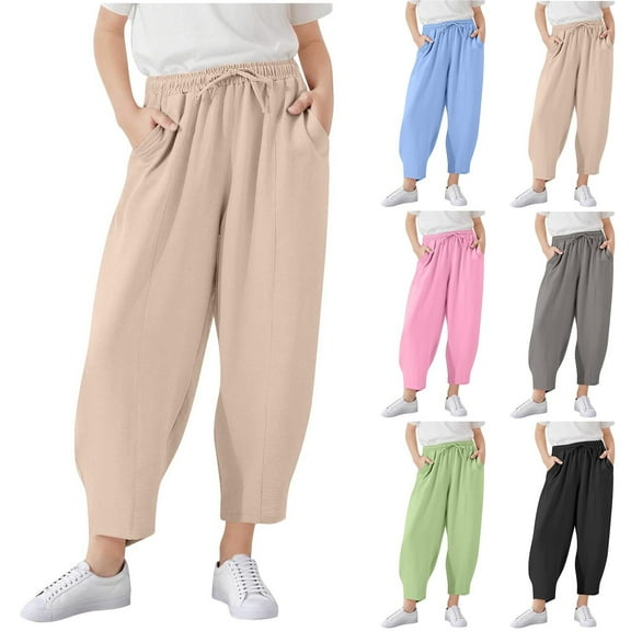 Mwjwdo Girls Summer Drawstring High Waisted Baggy Pants Kids Summer Casual Ankle Length Trouser Slacks with Pockets Pink 14 Years