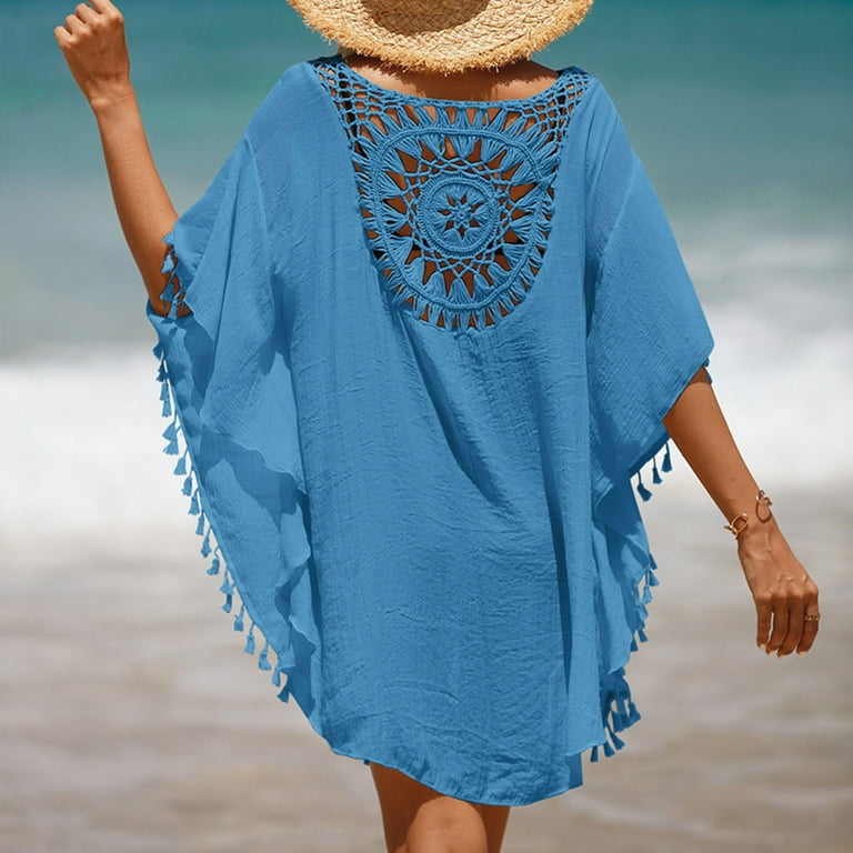 Rigardu swimsuit coverups for women Womens Solid Color Patchwork Beach Dress Small Tassel Shortbeach Coverup cover ups for swimwear women Blue One