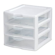 Sterilite Small 3 Drawer Unit, Clear Plastic Countertop or Desktop Drawers, White
